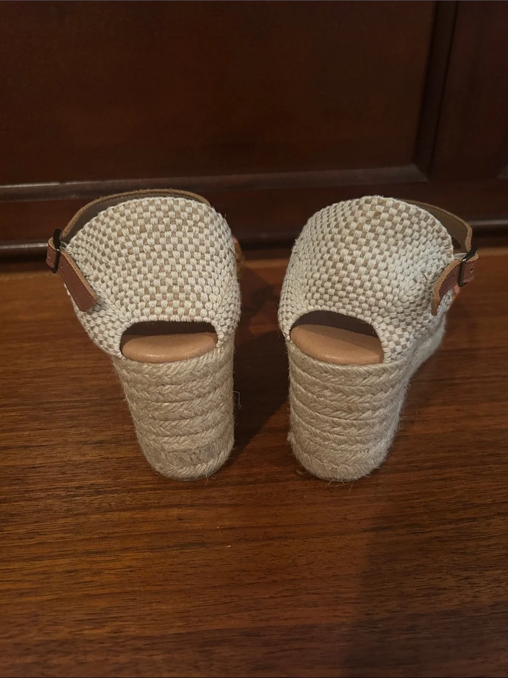 Woven Leather Espadrille Wedges in Mustard Yellow with Ankle Strap